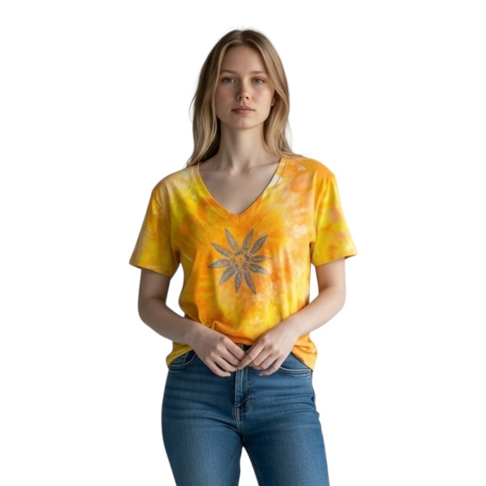 Life is Good Small Top Handmade Tie Dye T-Shirt V Neck‎ Short Sleeve Yellow 444